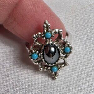 Vintage Avon Mirabella Silver Tone Ring Hematite and Faux Turquoise Size 5.5